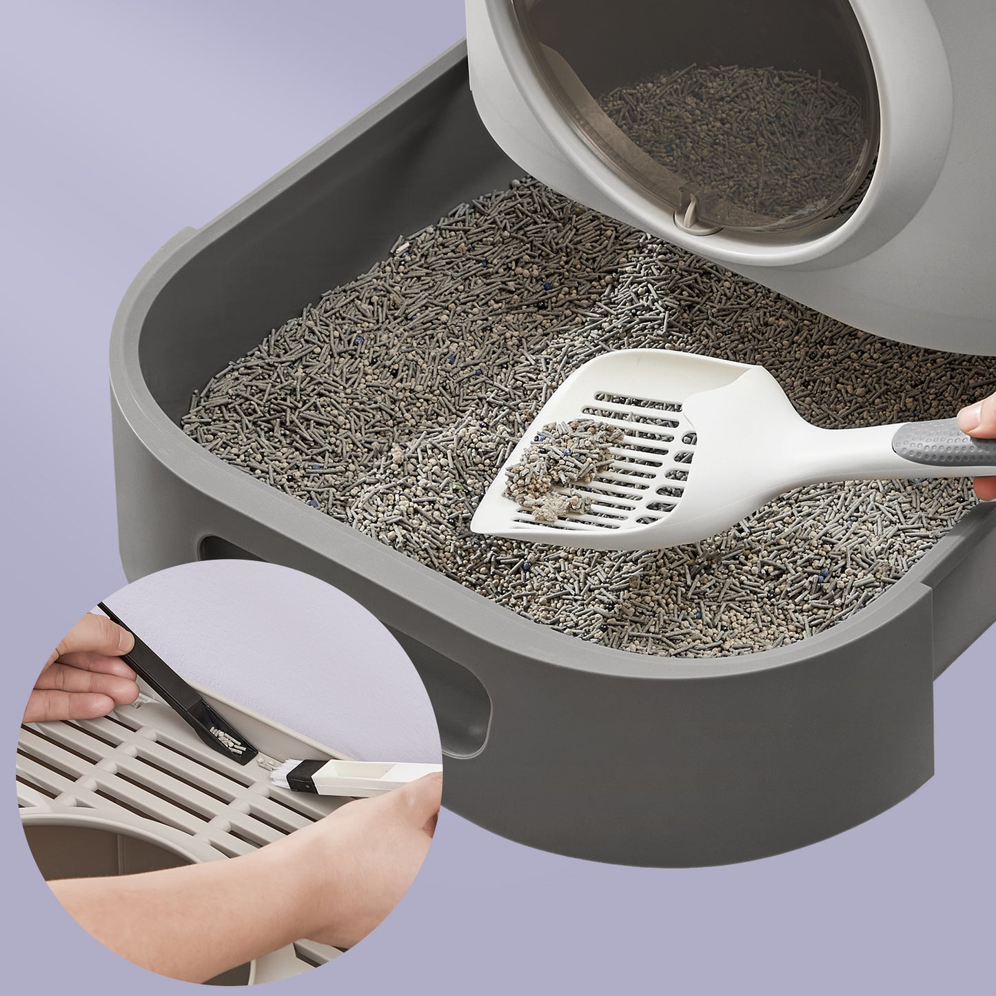XL Enclosed Cat Litter Box with Slide-Out Tray, Anti-Tracking Top Grate & Adjustable Door, Includes Scoop & Brush, Dove Gray and Slate Gray
