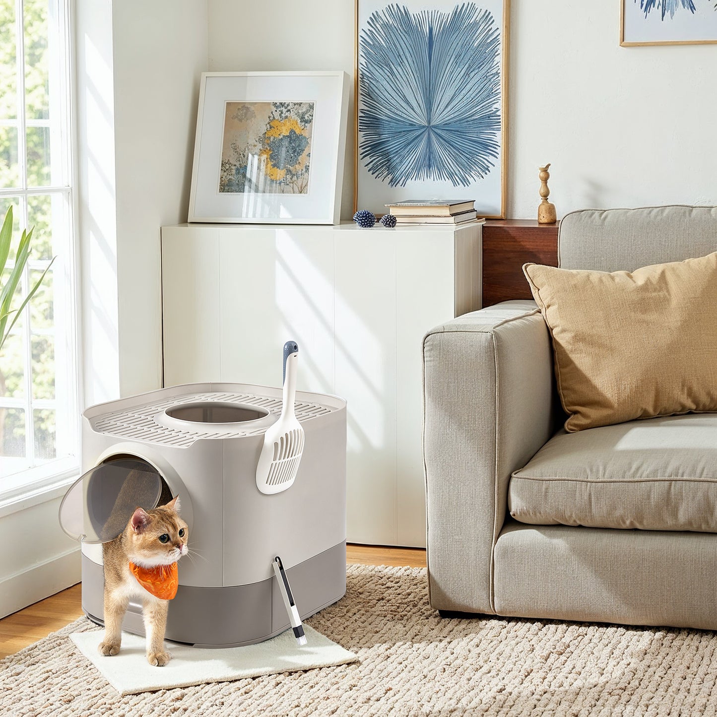 XL Enclosed Cat Litter Box with Slide-Out Tray, Anti-Tracking Top Grate & Adjustable Door, Includes Scoop & Brush, Oatmeal and Warm Gray
