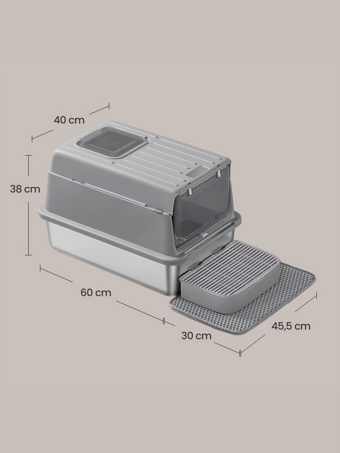 Stainless Steel Cat Litter Box with Flip Lid and Litter Catcher, 2-Door Enclosed Litter Box for Cats up to 33 lb, Dove Gray