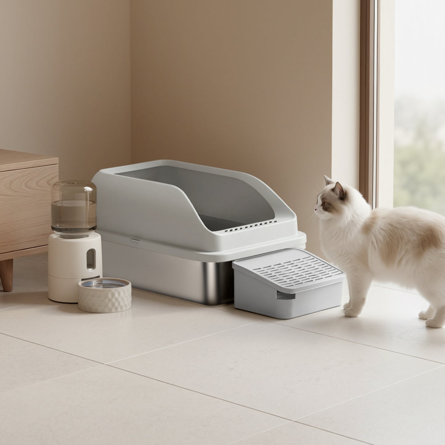 Stainless Steel Open Top Cat Litter Box with Step, High-Sided Litter Tray for Cats up to 33 lb, Dove Gray