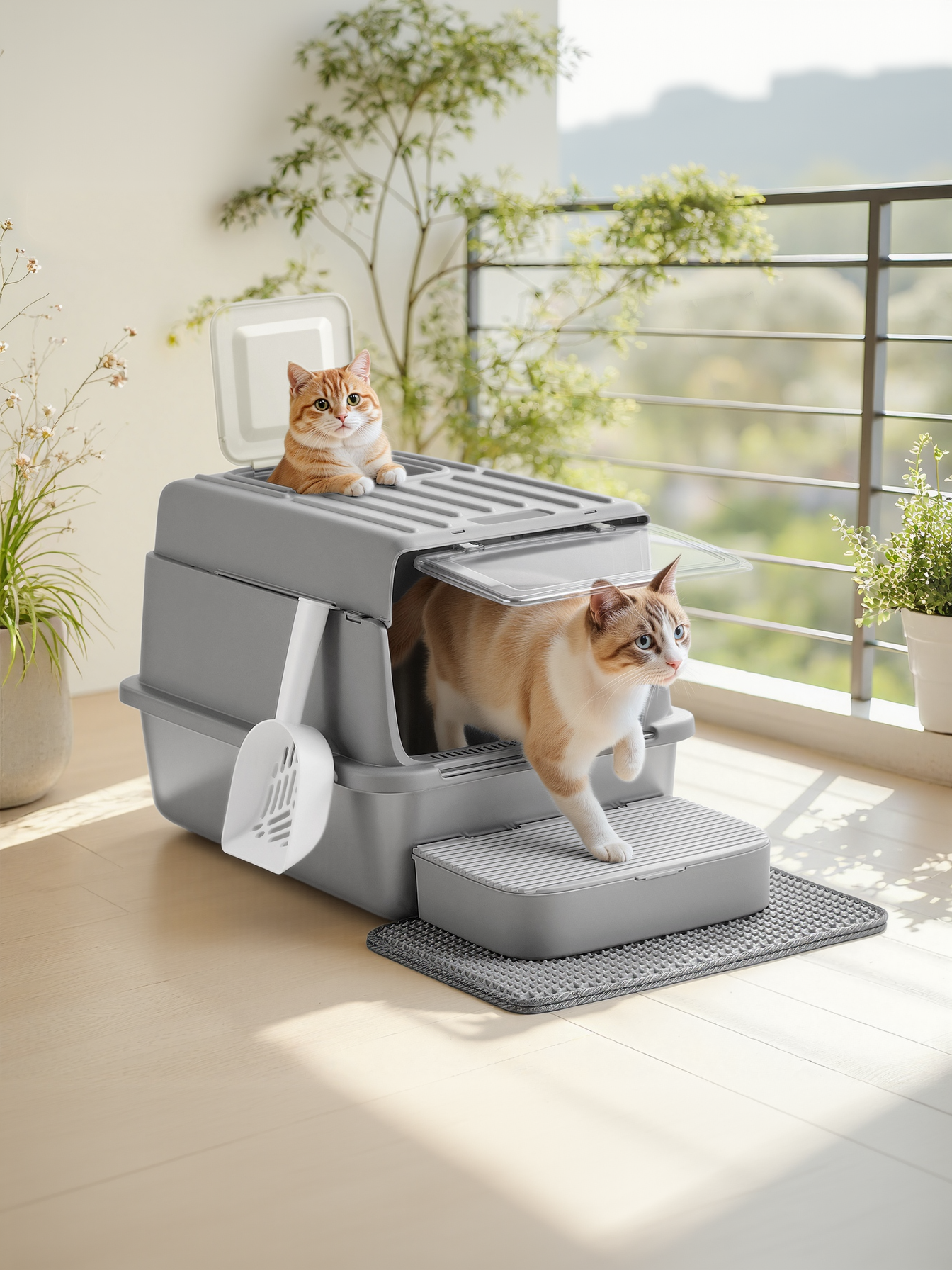 Stainless Steel Cat Litter Box with Flip Lid and Litter Catcher, 2-Door Enclosed Litter Box for Cats up to 33 lb, Dove Gray