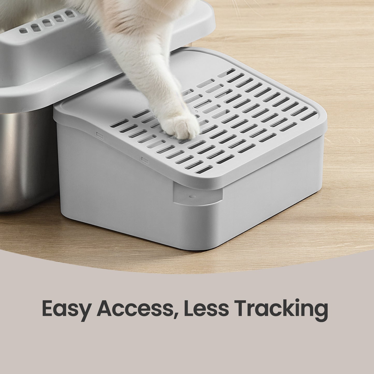 Stainless Steel Open Top Cat Litter Box with Step, High-Sided Litter Tray for Cats up to 33 lb, Dove Gray
