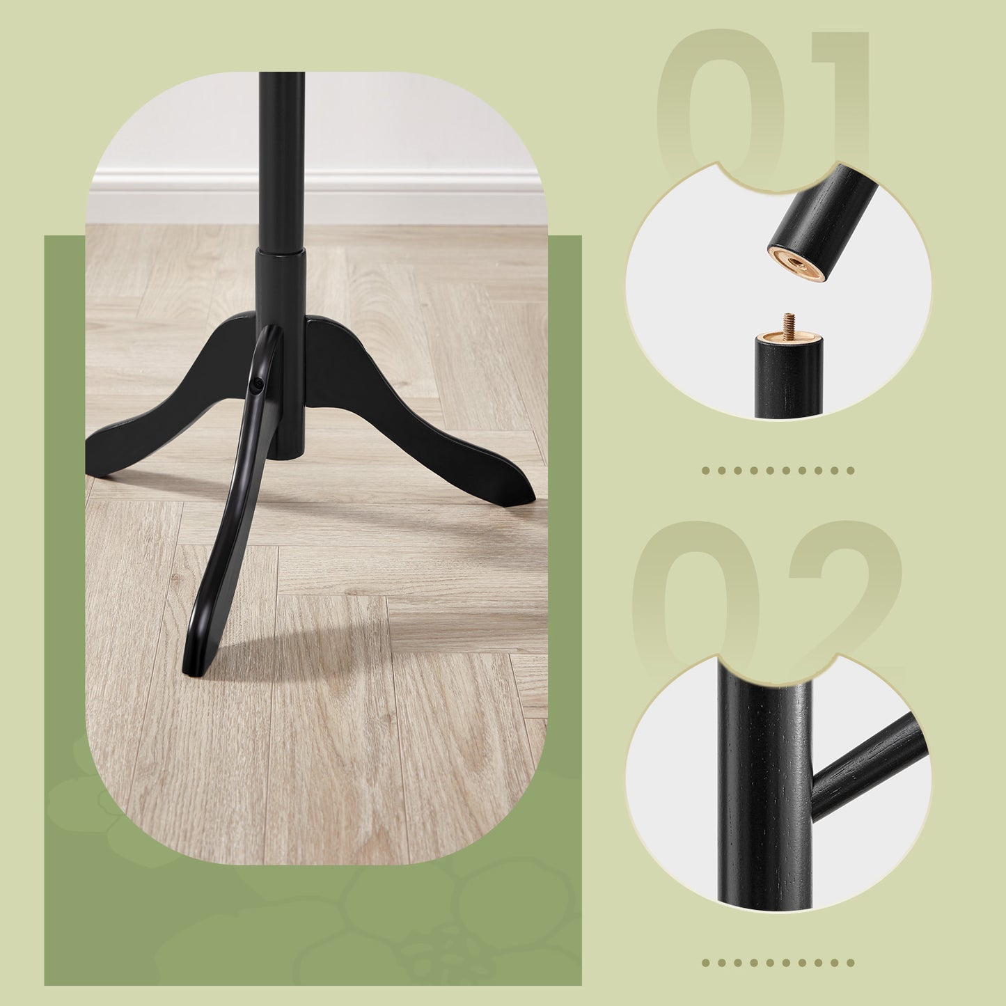 Solid Wood Tree-Shaped Coat Rack with 8 Hooks, Adjustable Height Free Standing Coat Tree for Living Room and Bedroom, Ink Black