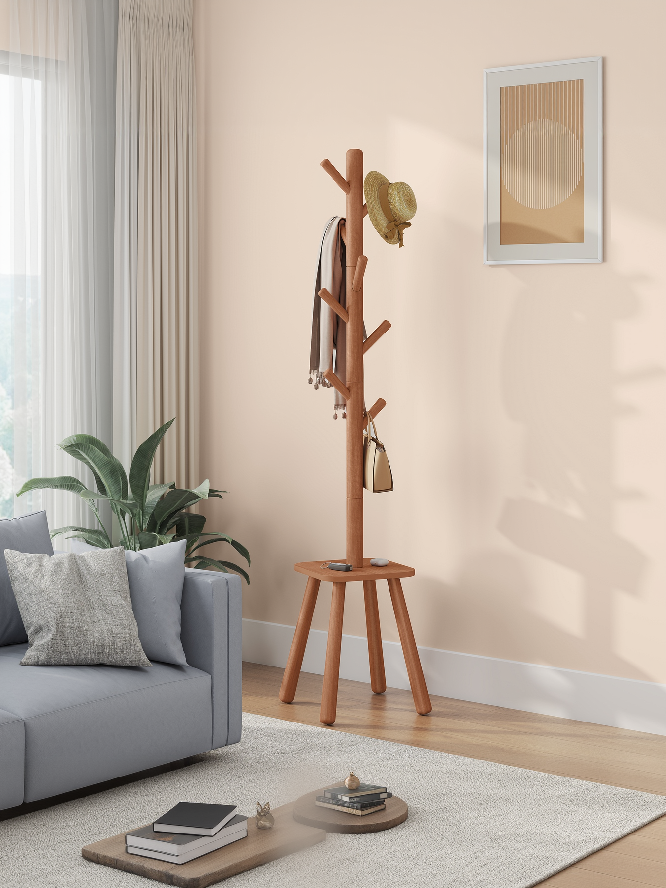 Free Standing Coat Rack with 8 Hooks and Storage Shelf, 69.2-Inch Tall Hall Coat Tree for Entryway and Bedroom, Caramel Brown