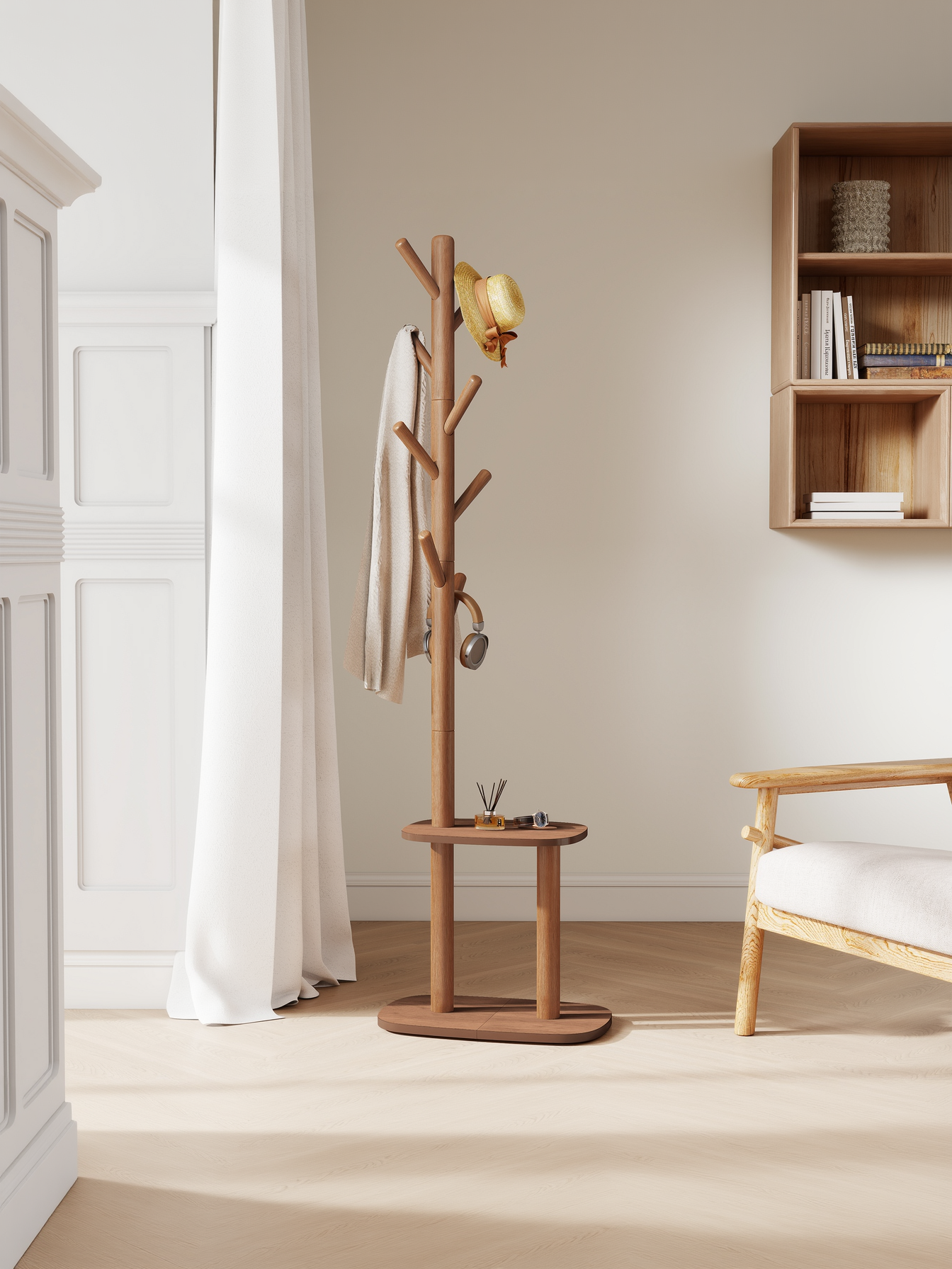 Freestanding Hall Tree Coat Rack with 8 Hooks and Storage Shelf, 67.2 Inch Tall Entryway Organizer for Coats, Hats, Bags, Caramel Brown
