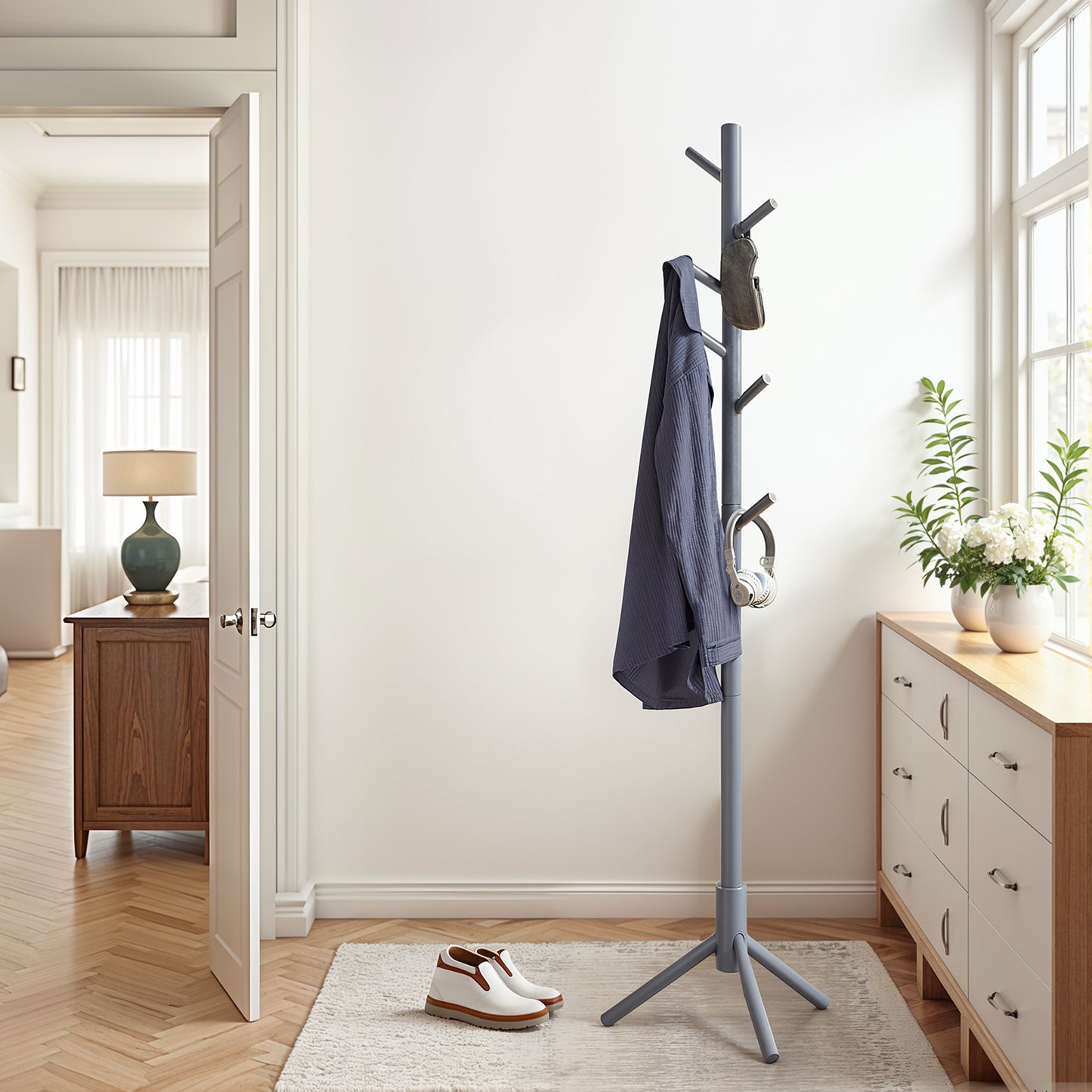 Tree-Shaped Free Standing Coat Rack, Solid Wood with 8 Hooks, Adjustable 3-Section Height (68.9"), Triangular Base for Stability, Holds 53 lb, for Hallway，Bedroom，Office, Gray