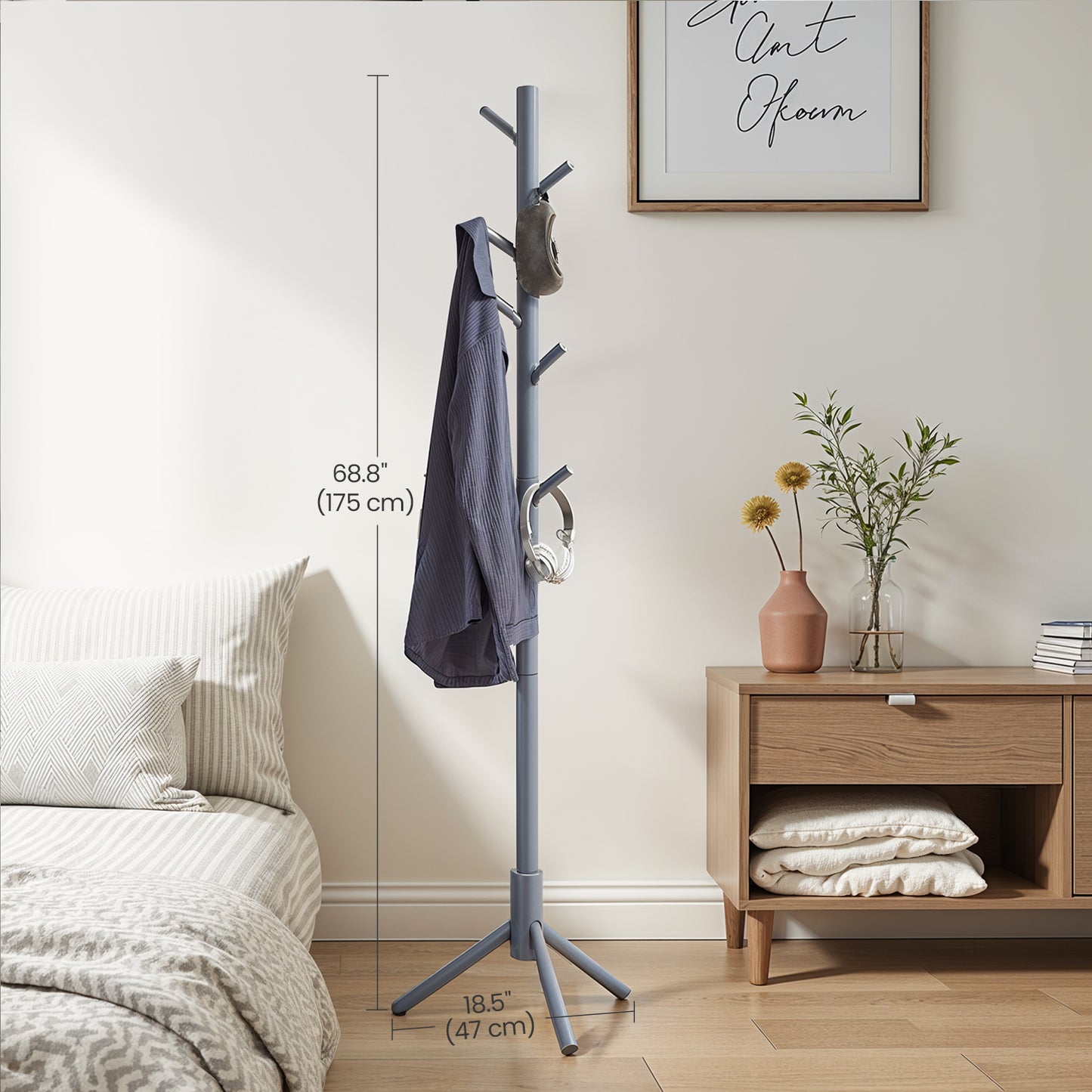 Tree-Shaped Free Standing Coat Rack, Solid Wood with 8 Hooks, Adjustable 3-Section Height (68.9"), Triangular Base for Stability, Holds 53 lb, for Hallway，Bedroom，Office, Gray