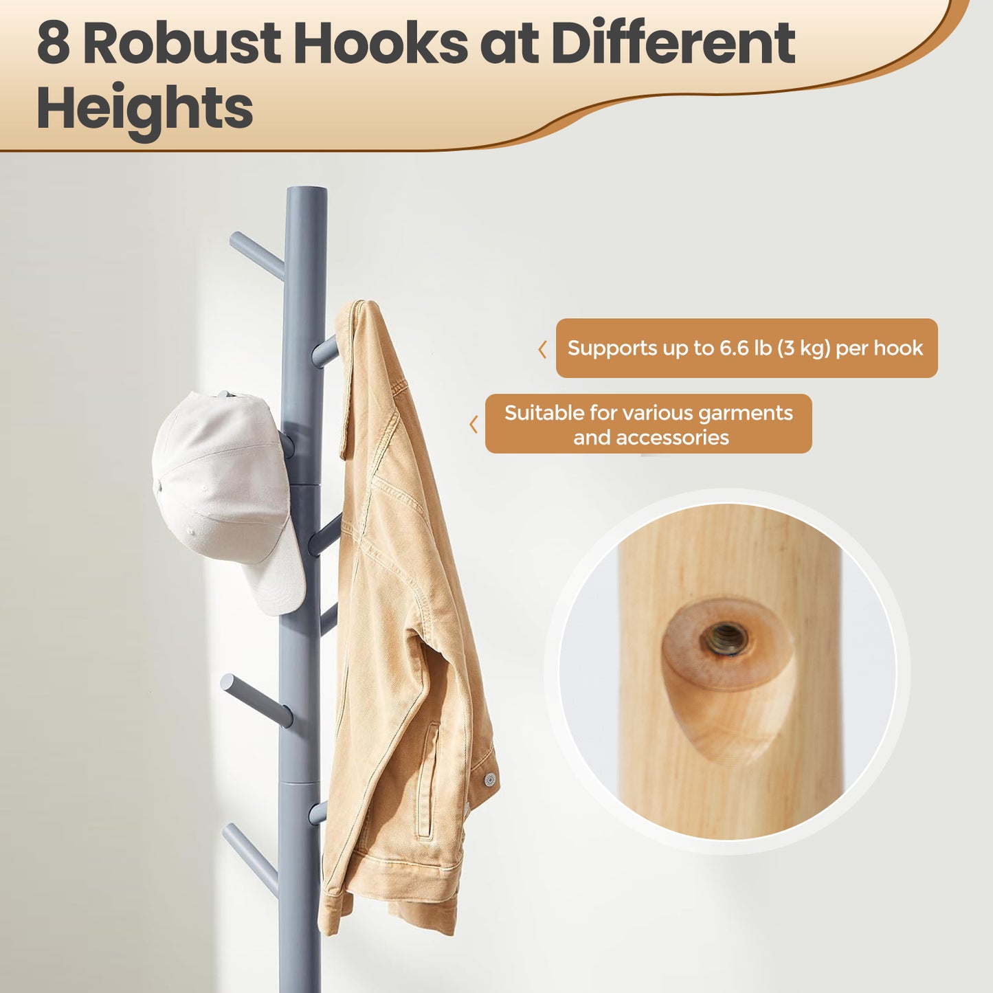 Tree-Shaped Free Standing Coat Rack, Solid Wood with 8 Hooks, Adjustable 3-Section Height (68.9"), Triangular Base for Stability, Holds 53 lb, for Hallway，Bedroom，Office, Gray