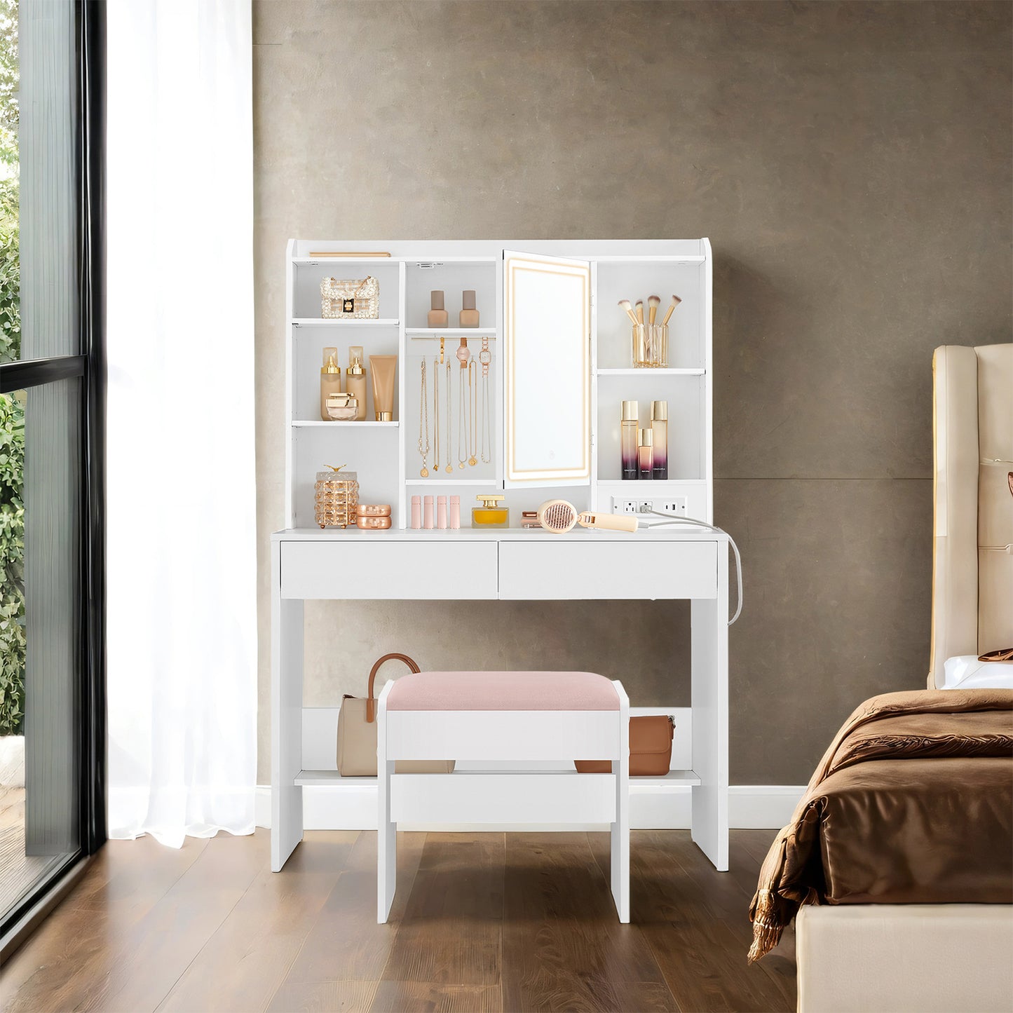 Modern Makeup Vanity Set with 3-Tone LED Mirror, Adjustable Shelves & Power Outlets, Velvet Stool, for Bedroom, Cloud White