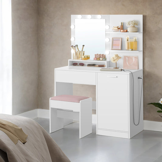 35.4" Modern Makeup Vanity Set with Dimmable LED Mirror, Storage Drawer & Cabinet, Built-in Power Hub, Upholstered Stool, for Bedroom, Cloud White