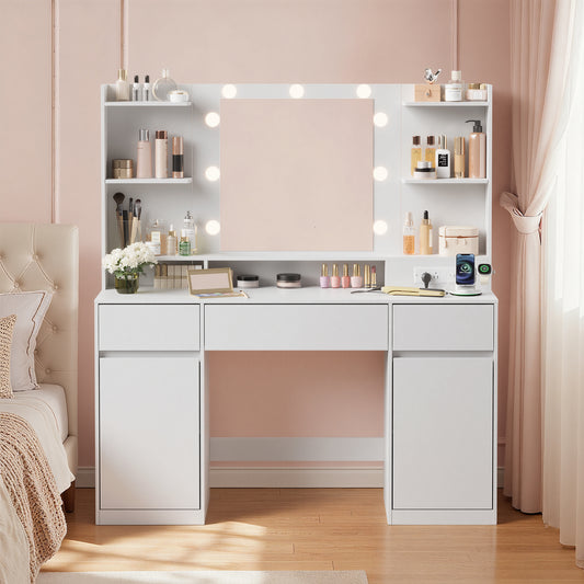 Vanity Desk with 9 LED Lights & Power Outlets, 43.3 Inch Makeup Table with 2 Cabinets, 3 Drawers & 8 Compartments, Dressing Table for Bedroom, Cloud White