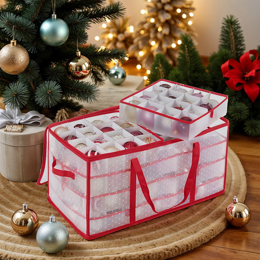 Christmas Ornament Storage Box with 8 Trays, 128-Slot Plastic Container for 3-Inch Baubles, Moisture-Resistant Bin with Lid, Dual Zippers & Side Handles, Cherry Red