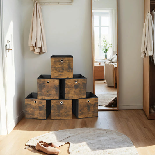 Foldable Storage Cubes with Handles, Oxford Fabric Storage Bins for Closet, Shelf or Cube Organizer, Set of 6, 11.8x11.8x11.8 Inches, Rustic Brown and Black