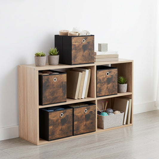 Set of 6 Foldable Fabric Storage Cubes, 13 Inch Collapsible Storage Bins with Handles for Cube Shelves, Rustic Brown
