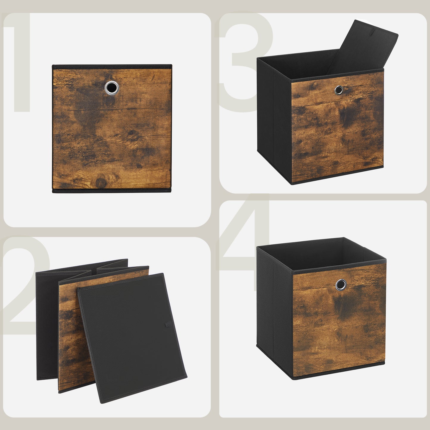 Set of 6 Foldable Fabric Storage Cubes, 13 Inch Collapsible Storage Bins with Handles for Cube Shelves, Rustic Brown
