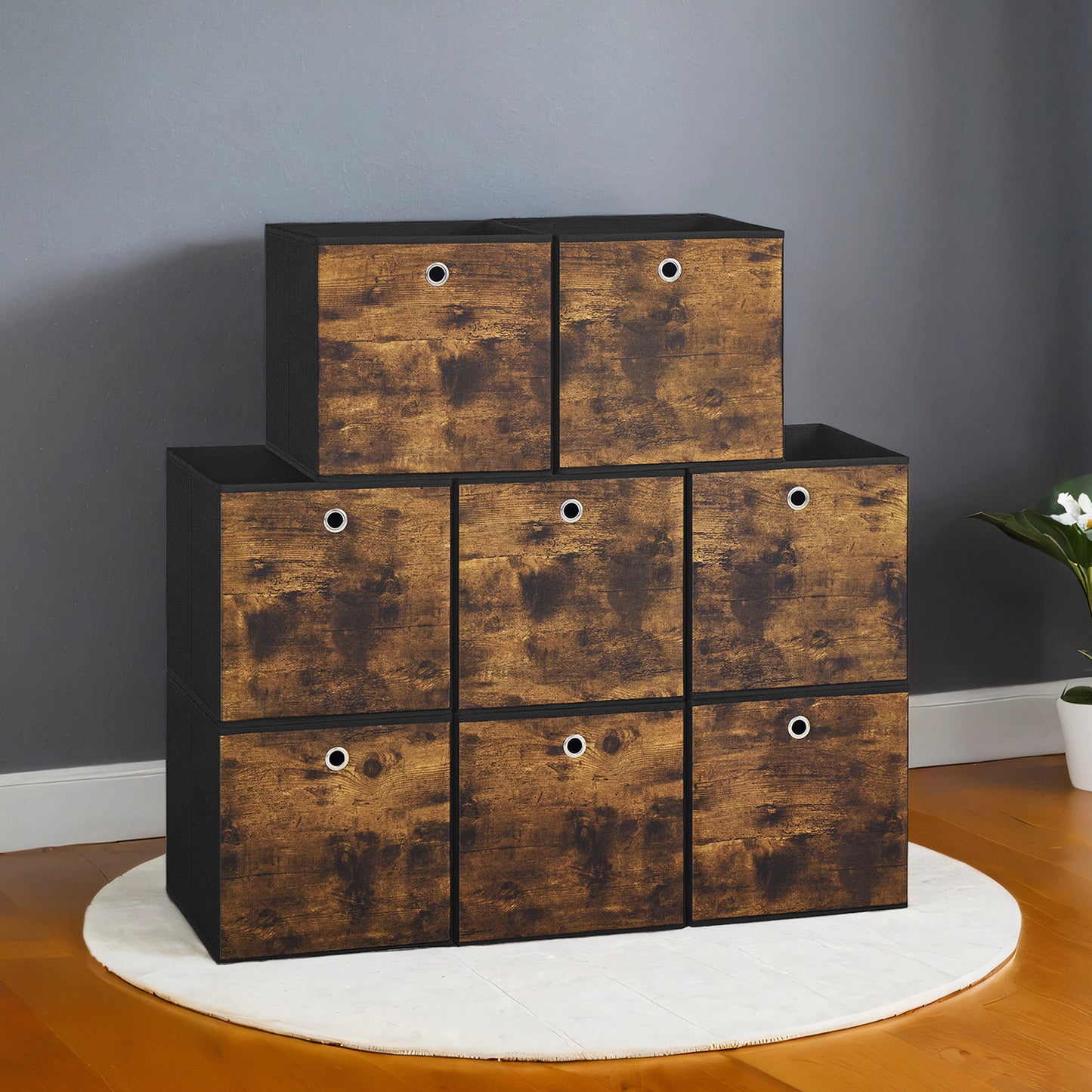 Set of 8 Foldable Fabric Storage Cubes, 13 Inch Collapsible Storage Bins for Cube Shelves, Rustic Brown and Ink Black
