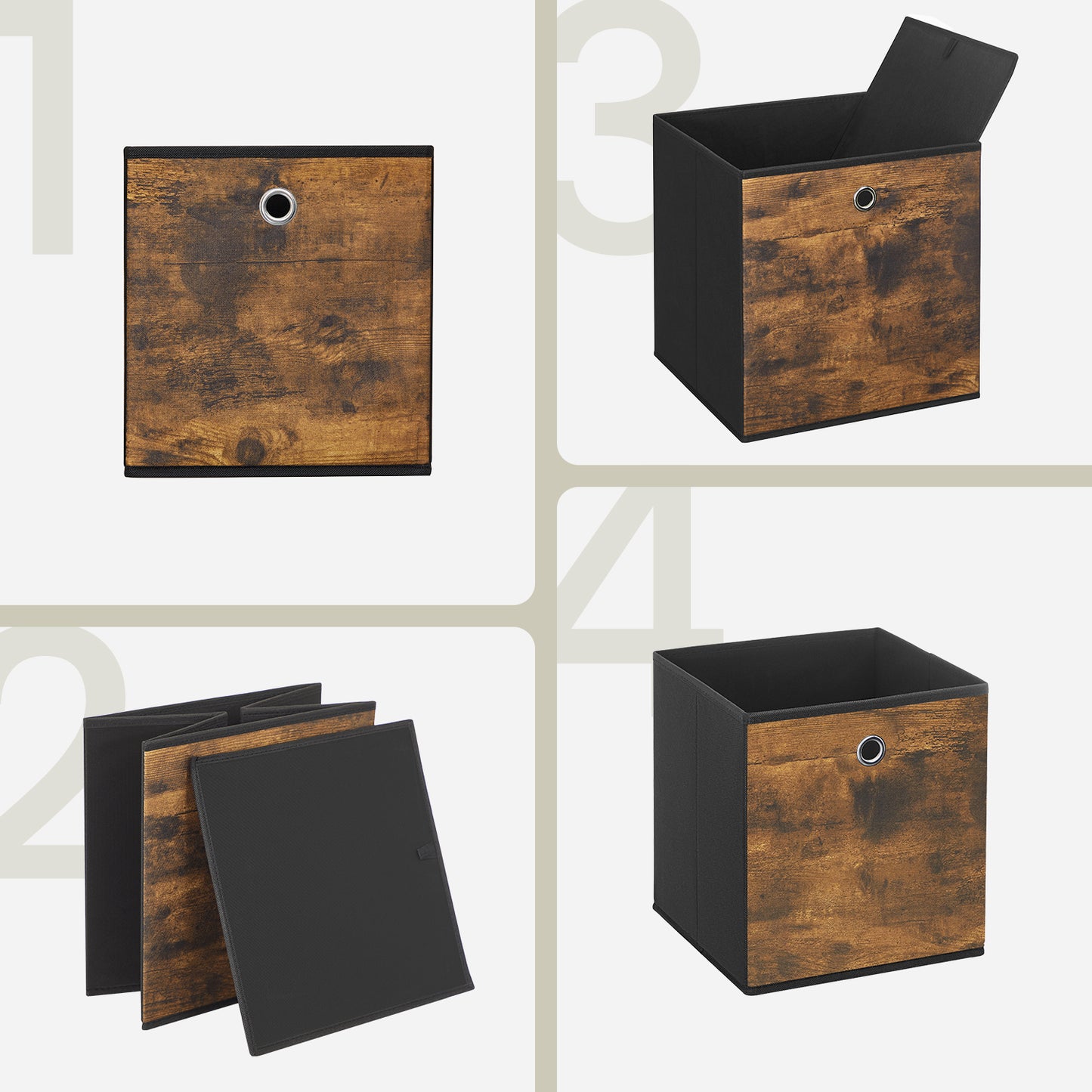 Set of 8 Foldable Fabric Storage Cubes, 13 Inch Collapsible Storage Bins for Cube Shelves, Rustic Brown and Ink Black