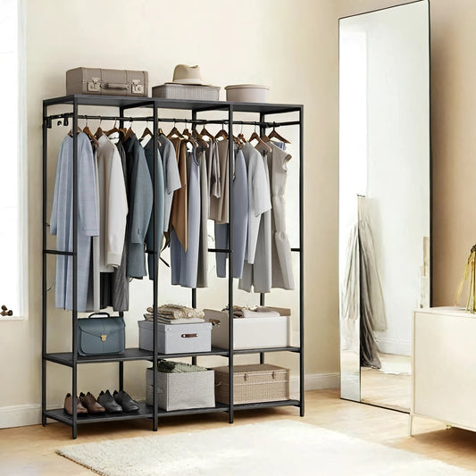 Heavy Duty Garment Rack, Iron and Wood Closet Organizer with Hanging Rods & Shelves, Freestanding Storage for Bedroom, 70.9 Inch,Ebony Black