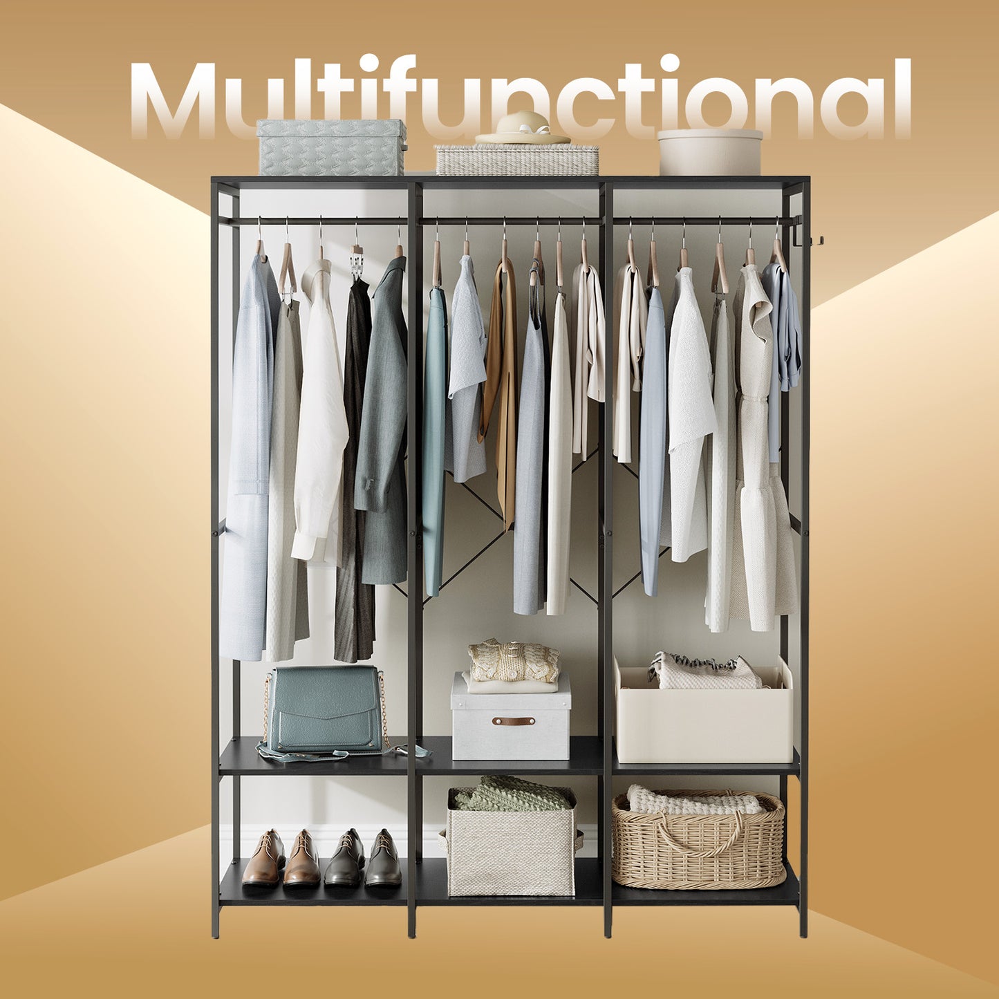Heavy Duty Garment Rack, Iron and Wood Closet Organizer with Hanging Rods & Shelves, Freestanding Storage for Bedroom, 70.9 Inch,Ebony Black
