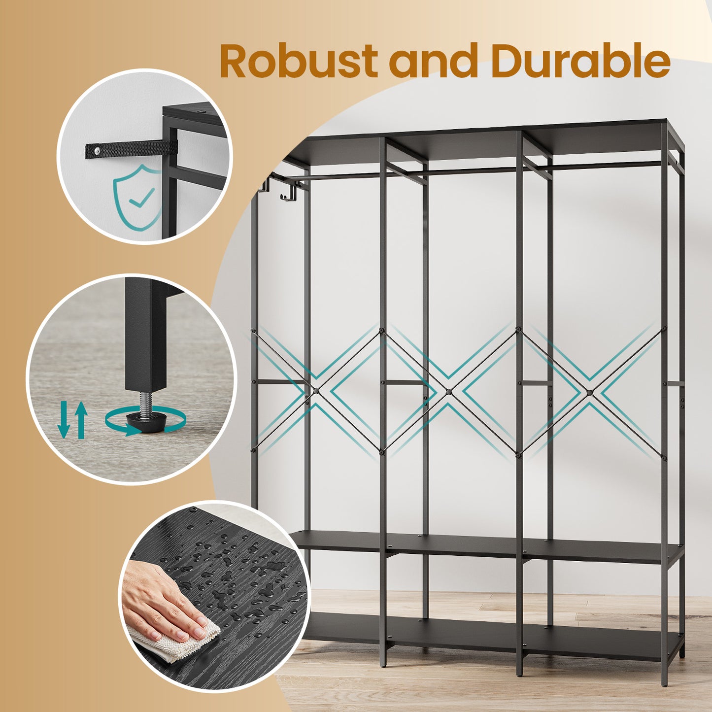 Heavy Duty Garment Rack, Iron and Wood Closet Organizer with Hanging Rods & Shelves, Freestanding Storage for Bedroom, 70.9 Inch,Ebony Black