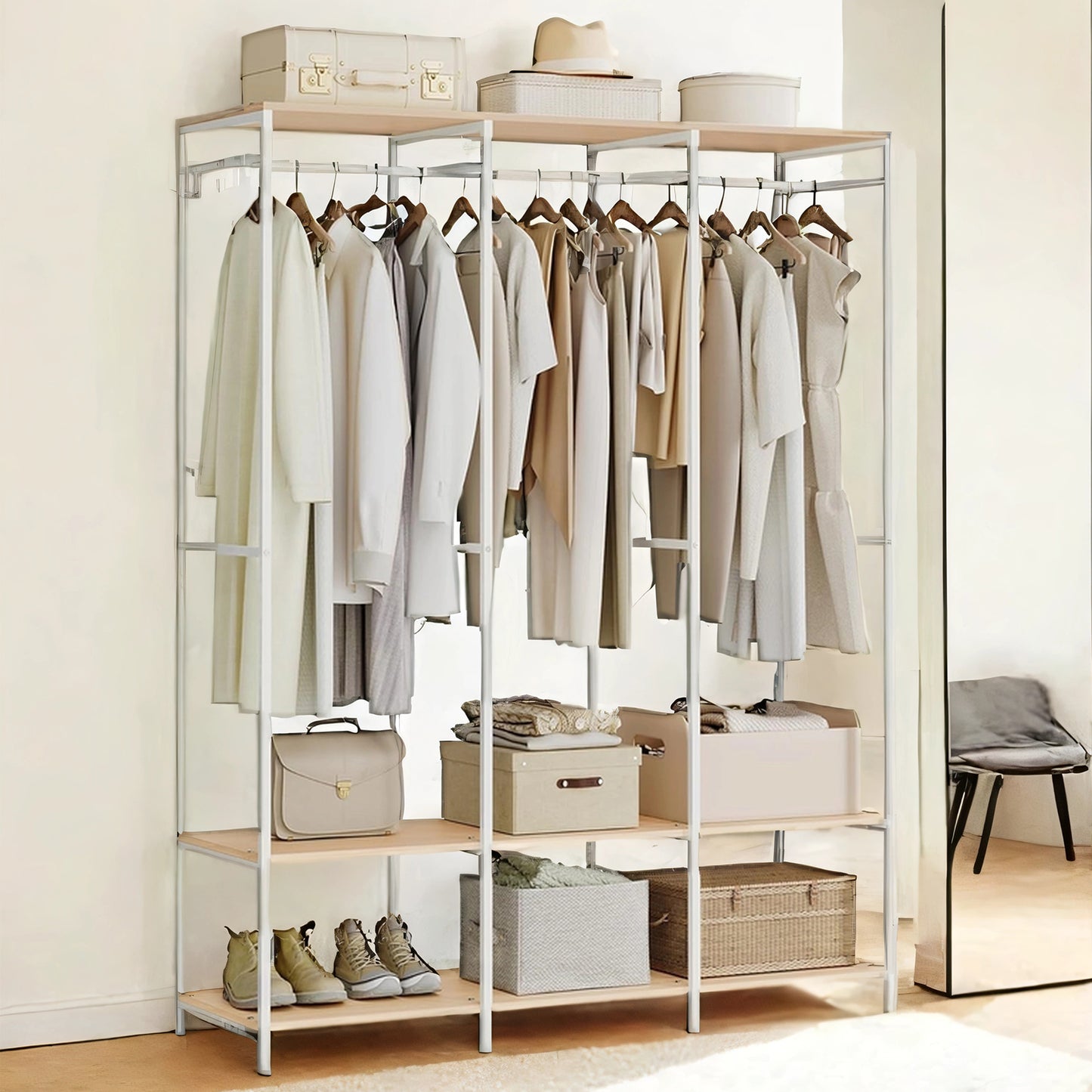 Heavy Duty Garment Rack, Iron and Wood Closet Organizer with Hanging Rods & Shelves, Freestanding Storage for Bedroom, 70.9 Inch,Natural Beige