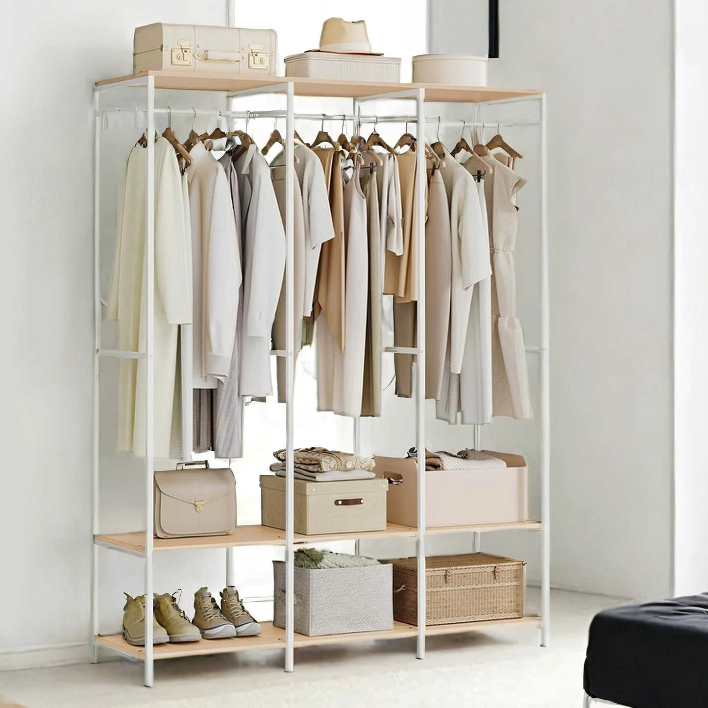 Heavy Duty Garment Rack, Iron and Wood Closet Organizer with Hanging Rods & Shelves, Freestanding Storage for Bedroom, 70.9 Inch,Natural Beige