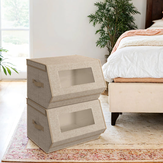 Set of 2 Stackable Storage Bins with Lids and Front Windows, Non-Woven Fabric Closet Organizers with Magnetic Closures, Sand Beige