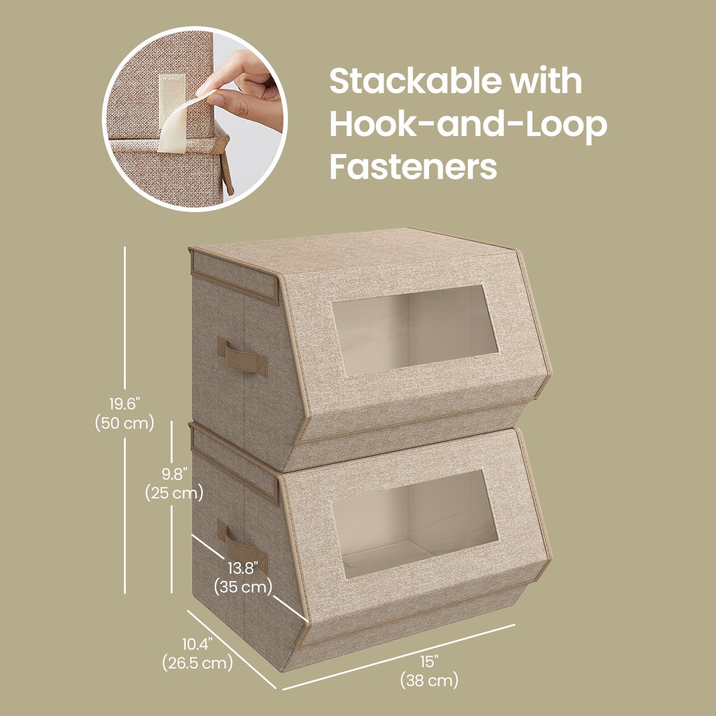 Set of 2 Stackable Storage Bins with Lids and Front Windows, Non-Woven Fabric Closet Organizers with Magnetic Closures, Sand Beige