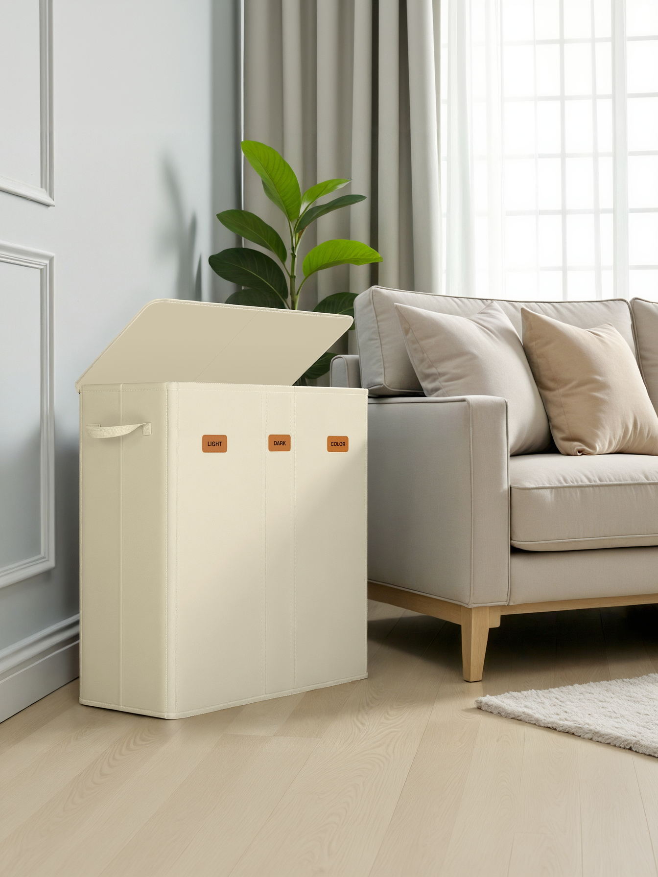 47.6 Gallon 3-Compartment Laundry Hamper, Laundry Basket Sorter with Removable Liners and Lid, for Bedroom, Cream White
