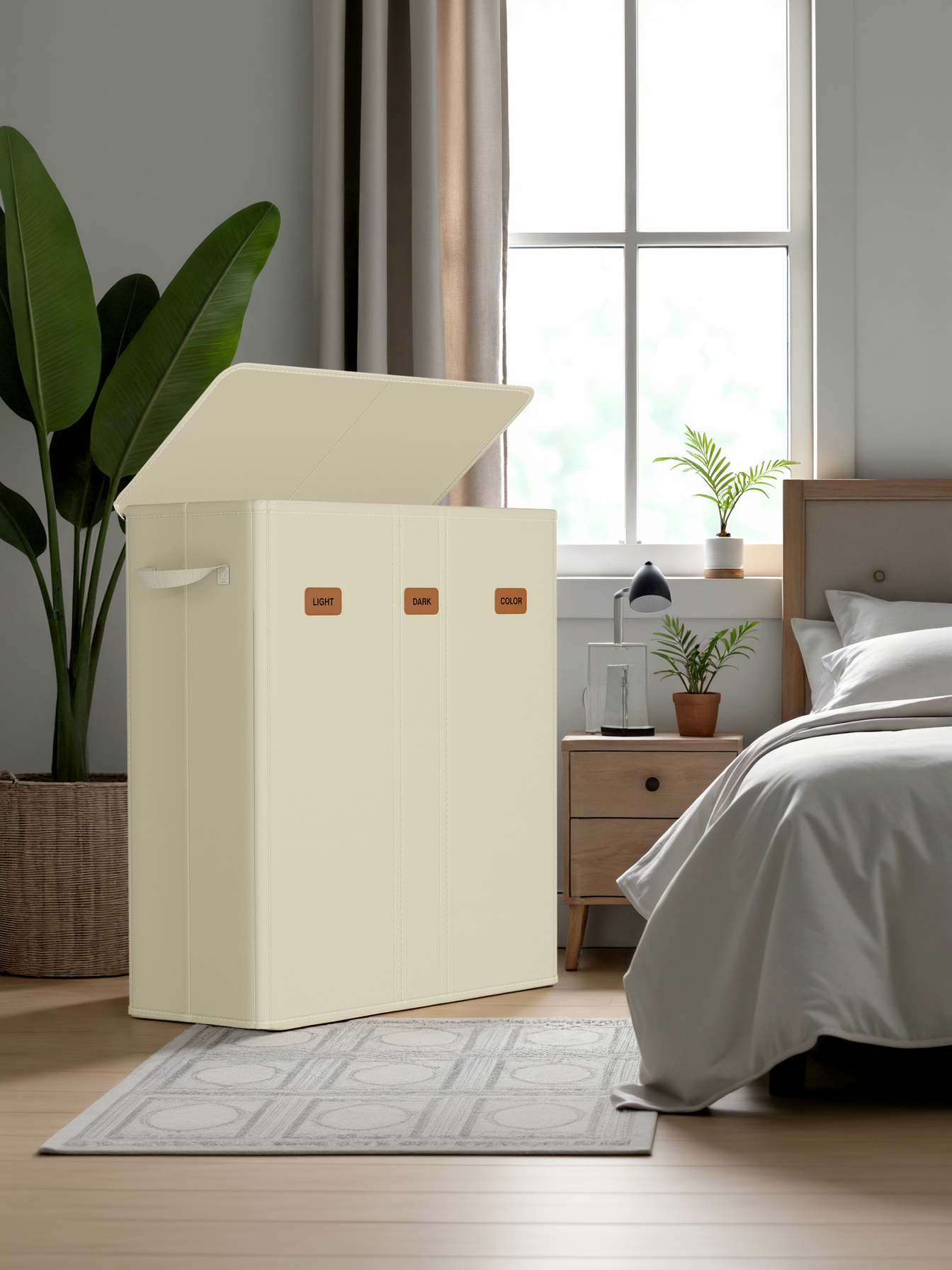 47.6 Gallon 3-Compartment Laundry Hamper, Laundry Basket Sorter with Removable Liners and Lid, for Bedroom, Cream White