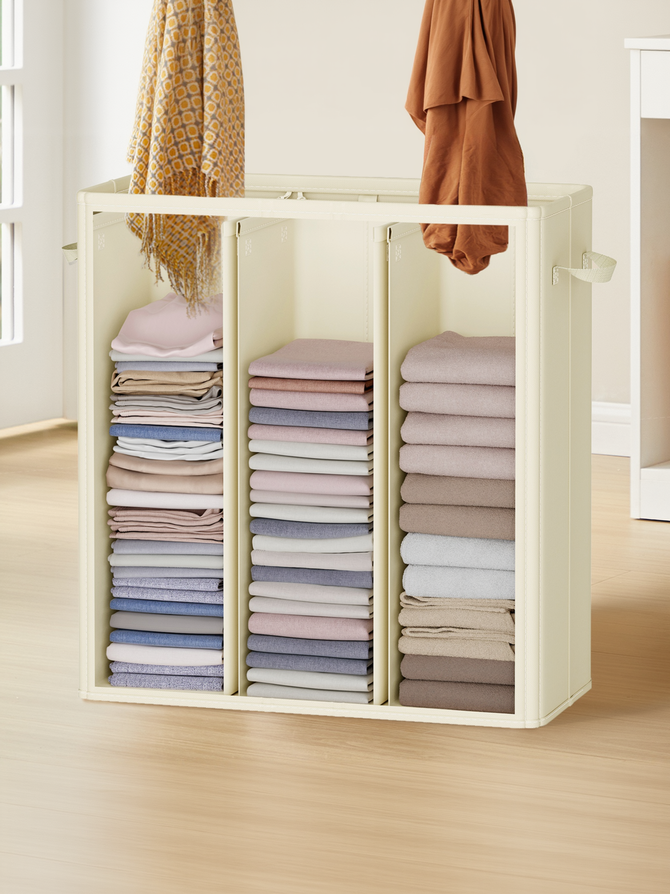 47.6 Gallon 3-Compartment Laundry Hamper, Laundry Basket Sorter with Removable Liners and Lid, for Bedroom, Cream White
