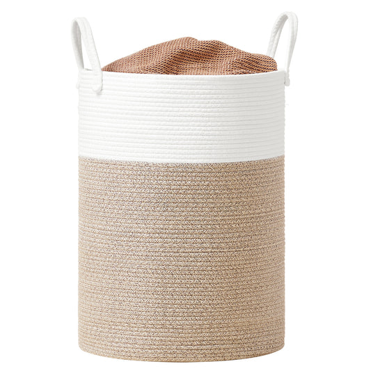 Cotton Rope Laundry Hamper with Handles, 21.1-Gallon Large Storage Basket for Clothes, Toys, Bedroom & Living Room, White and Grayish Brown