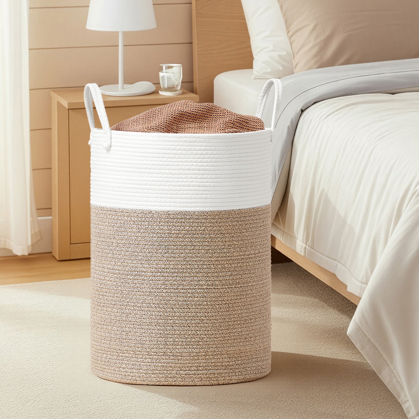 Cotton Rope Laundry Hamper with Handles, 21.1-Gallon Large Storage Basket for Clothes, Toys, Bedroom & Living Room, White and Grayish Brown