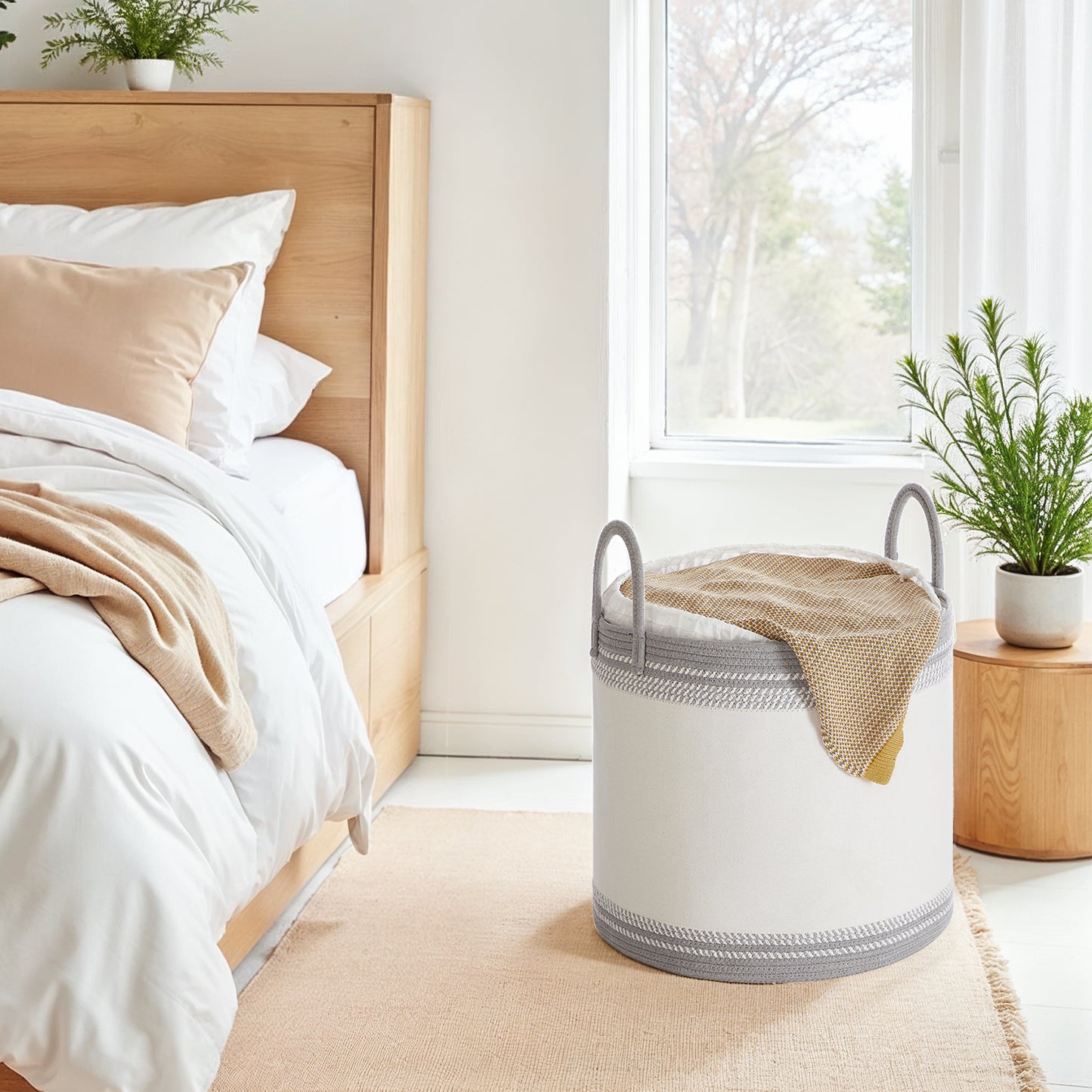 90L Laundry Hamper with Drawstring Lid and Reinforced Cotton Rope Handles, 33 lb Capacity, Breathable Fabric, Dove Gray