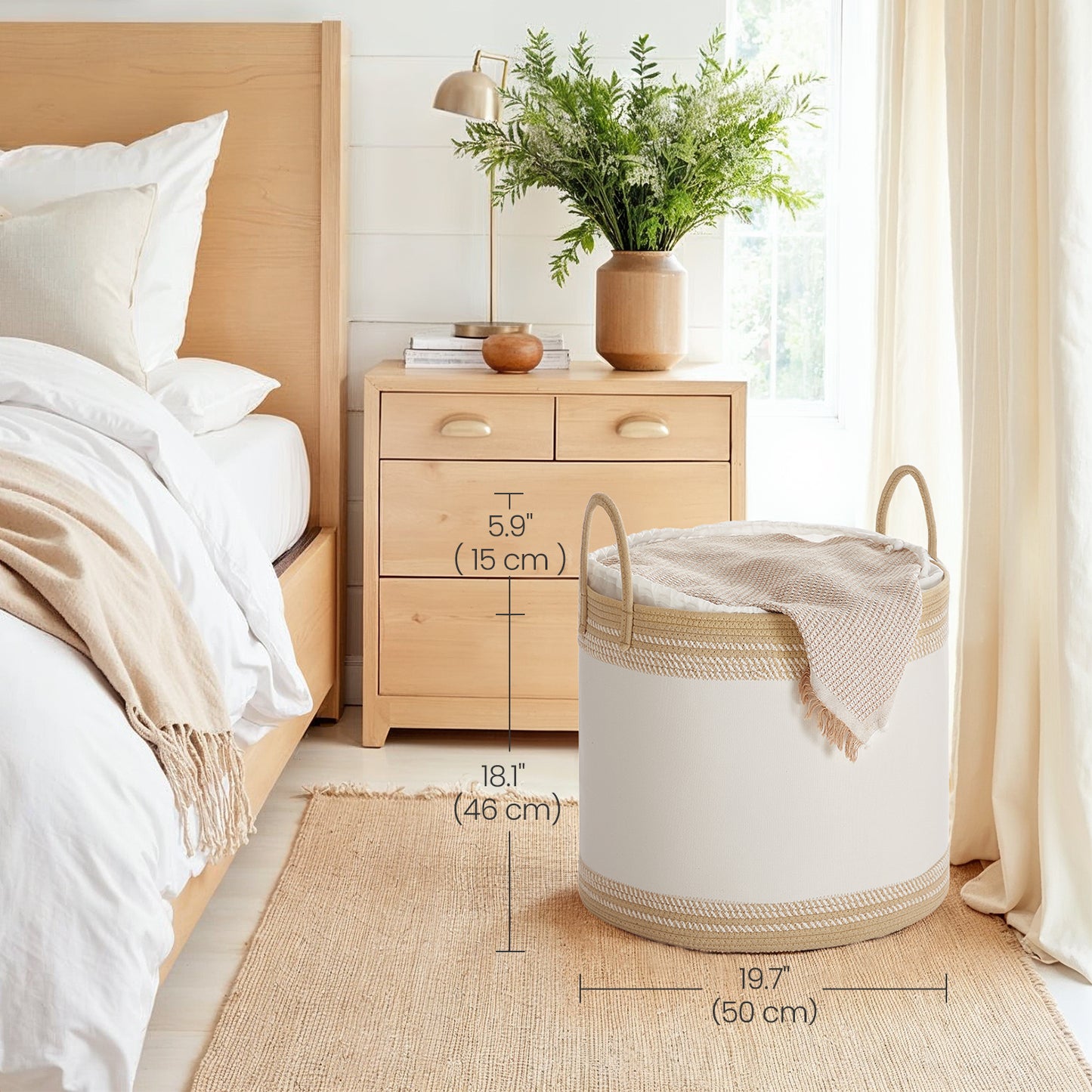 90L Laundry Hamper with Drawstring Lid & Handles, Sturdy Poly-Cotton Blend, Breathable Storage Basket for Clothes, Blankets, Bedroom, Living Room， Camel Brown