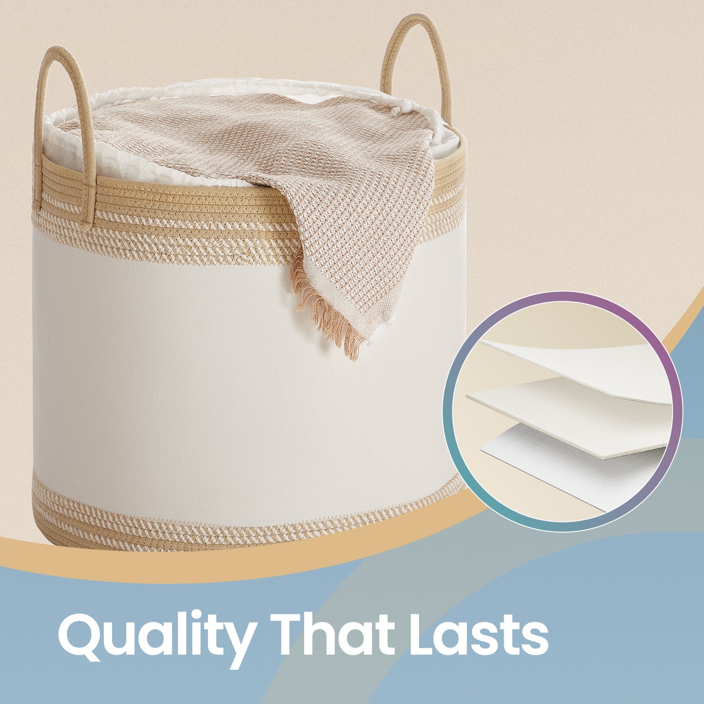 90L Laundry Hamper with Drawstring Lid & Handles, Sturdy Poly-Cotton Blend, Breathable Storage Basket for Clothes, Blankets, Bedroom, Living Room， Camel Brown