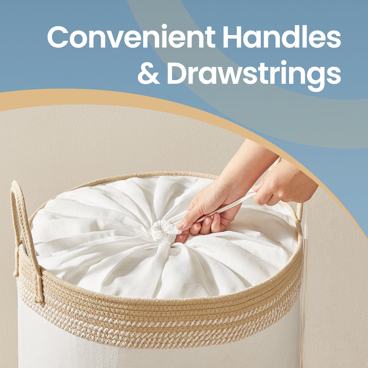 90L Laundry Hamper with Drawstring Lid & Handles, Sturdy Poly-Cotton Blend, Breathable Storage Basket for Clothes, Blankets, Bedroom, Living Room， Camel Brown