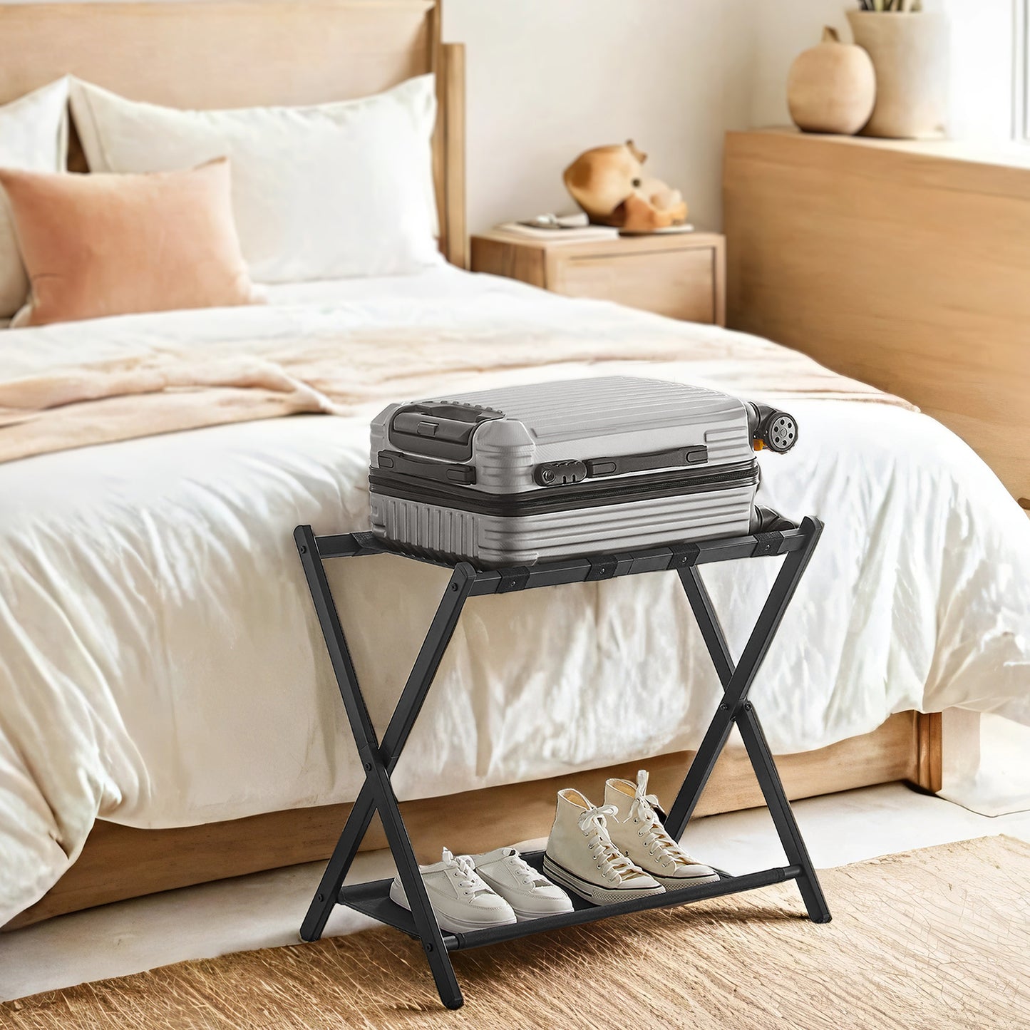 Luggage Rack with Storage Shelf, Foldable Steel Frame Suitcase Stand for Guest Room and Hotel, Black