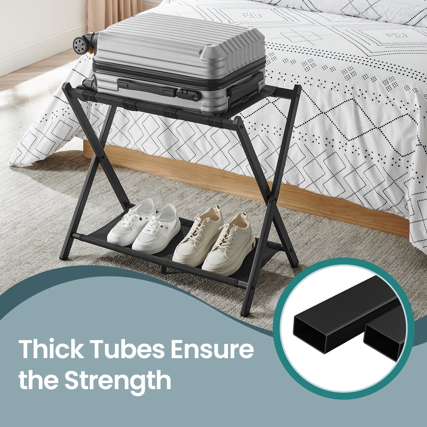 Luggage Rack with Storage Shelf, Foldable Steel Frame Suitcase Stand for Guest Room and Hotel, Black