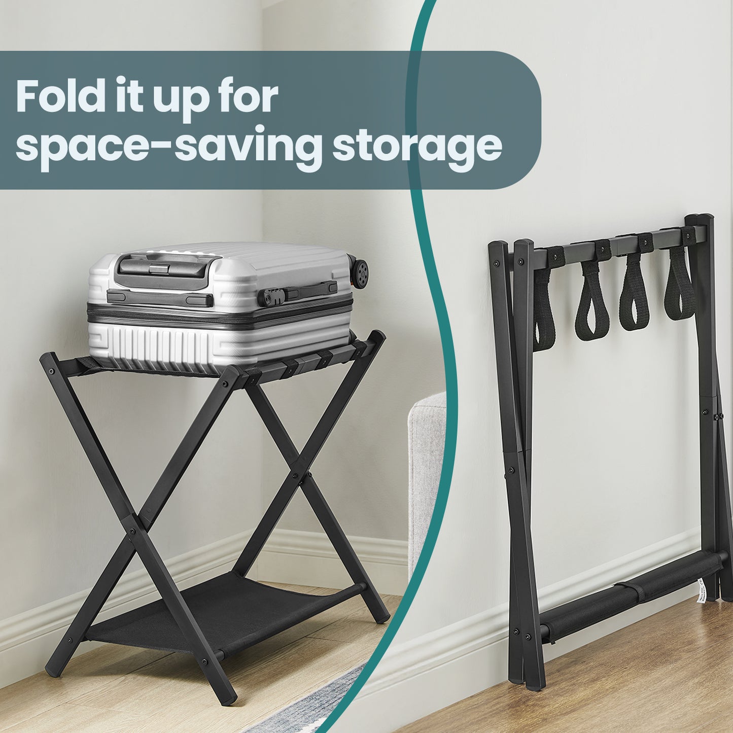 Luggage Rack with Storage Shelf, Foldable Steel Frame Suitcase Stand for Guest Room and Hotel, Black
