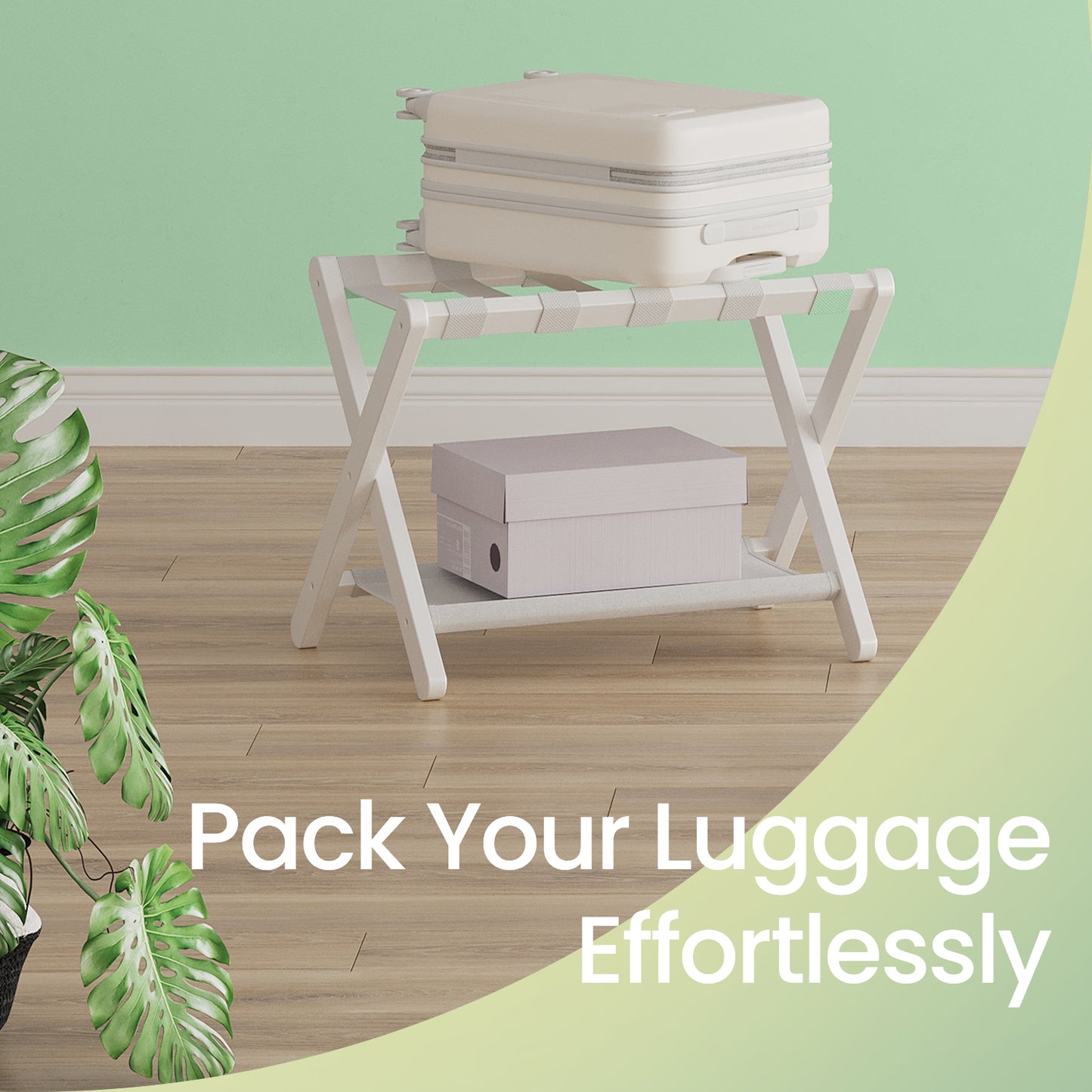 Folding Luggage Rack with Storage Shelf, Heavy-Duty Suitcase Stand for Guest Room and Hotel, Classic White