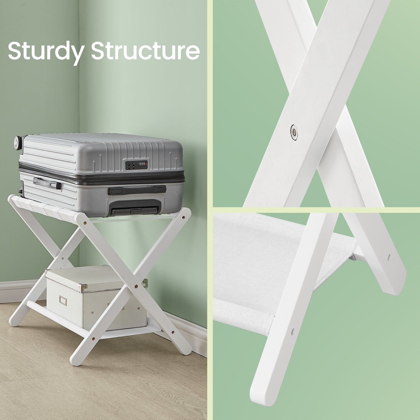 Folding Luggage Rack with Storage Shelf, Heavy-Duty Suitcase Stand for Guest Room and Hotel, Classic White