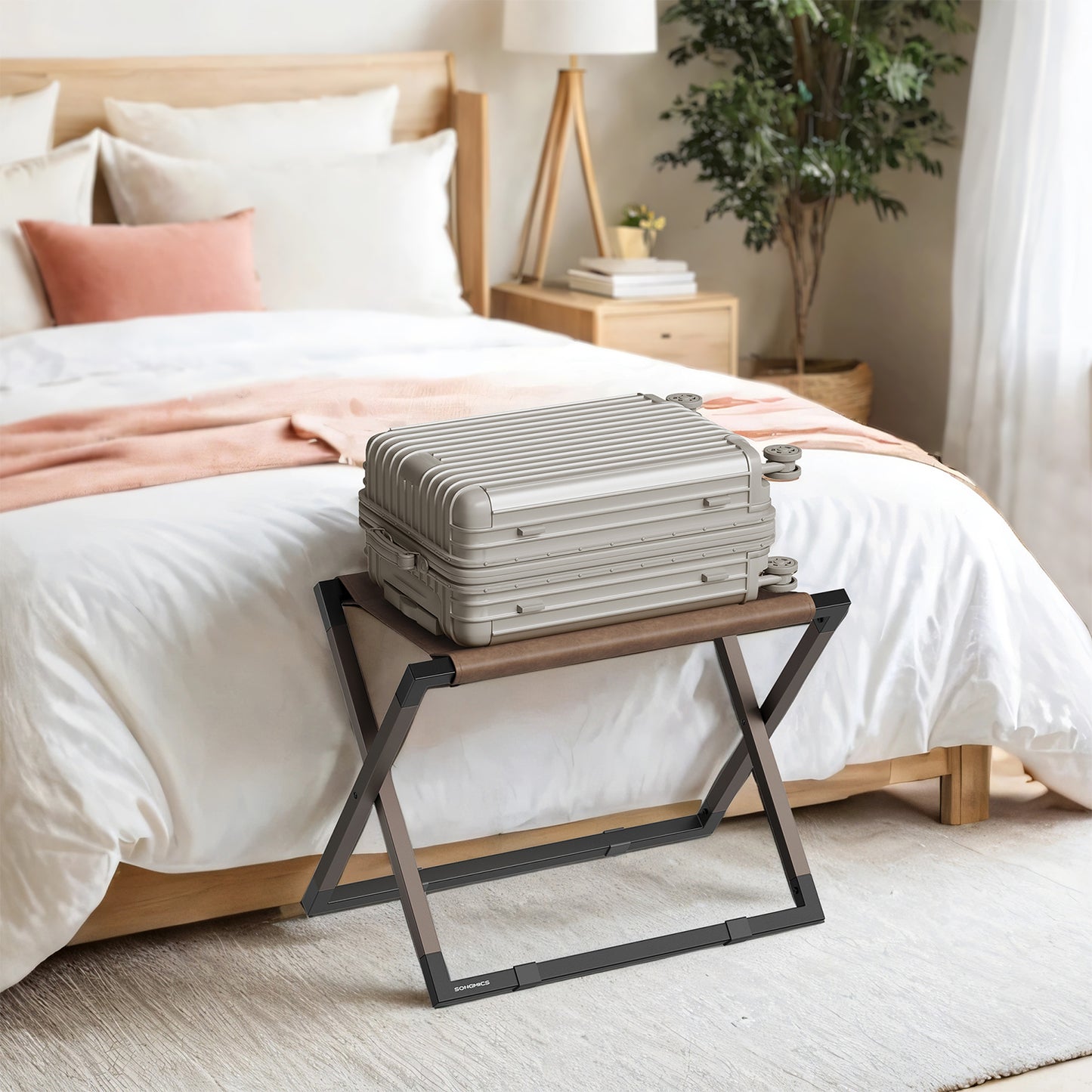 Foldable Luggage Rack with Synthetic Leather Shelf, Metal Suitcase Stand for Guest Room Hotel Bedroom, Walnut Brown and Ink Black