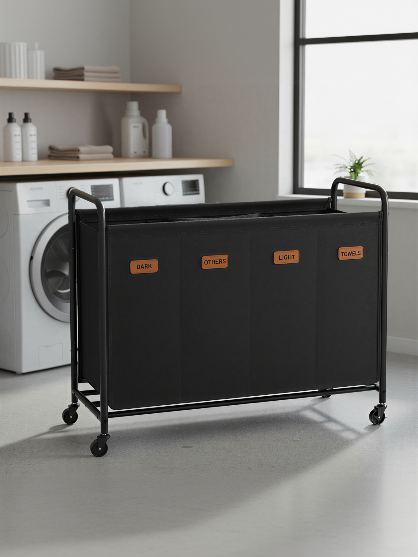 4-Section Laundry Sorter with Wheels, 52.8 Gallon Rolling Hamper with Removable Bags for Laundry Room and Bedroom, Ink Black