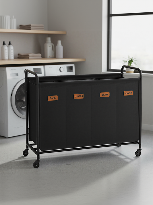 4-Section Laundry Sorter with Wheels, 52.8 Gallon Rolling Hamper with Removable Bags for Laundry Room and Bedroom, Ink Black