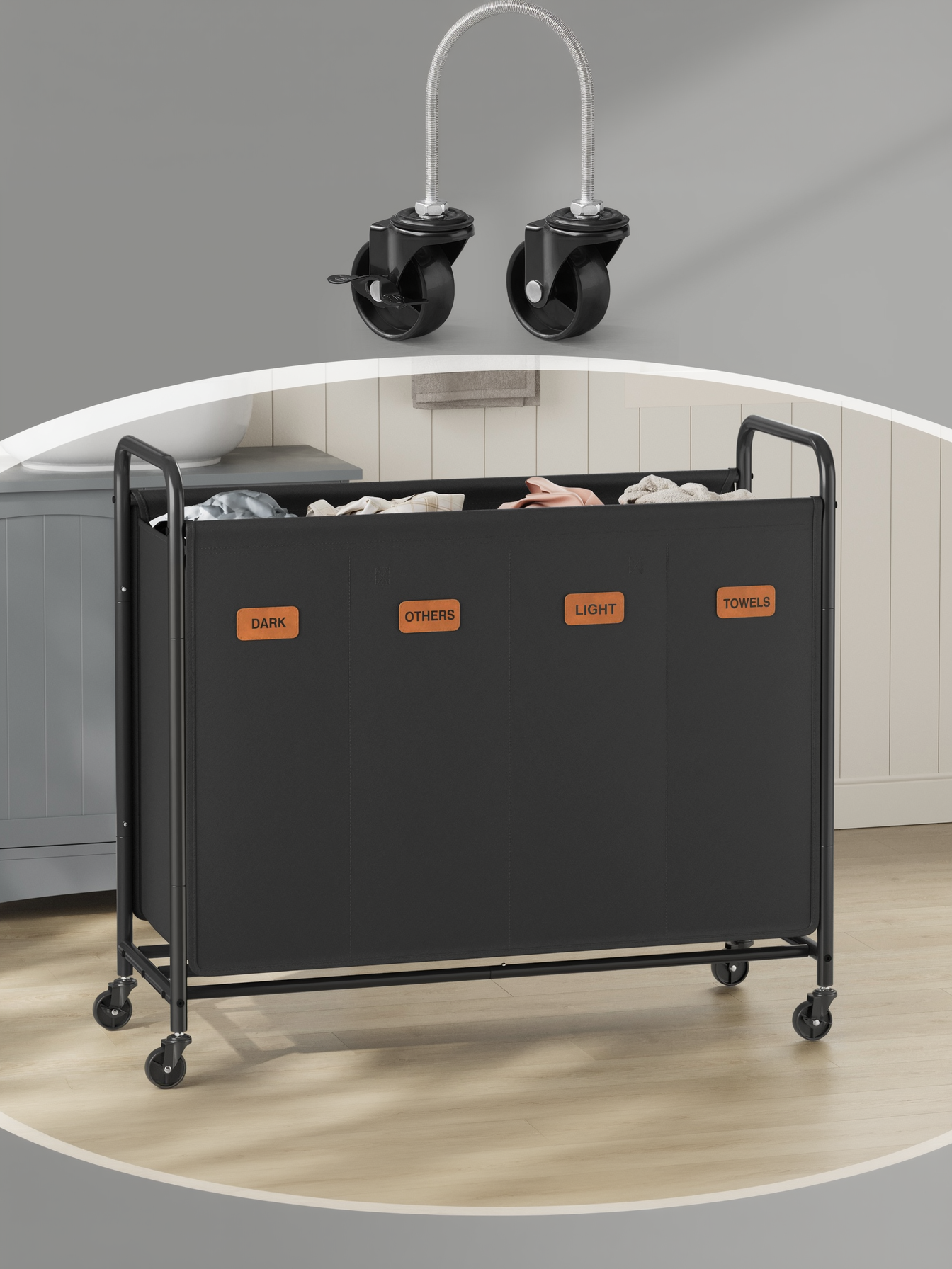 4-Section Laundry Sorter with Wheels, 52.8 Gallon Rolling Hamper with Removable Bags for Laundry Room and Bedroom, Ink Black
