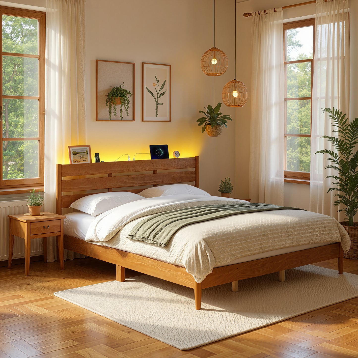 King Size Mid-Century Modern Bed Frame with Headboard, Built-In LED Lighting, 4-Port Charging Station & Storage Shelf, Caramel Brown