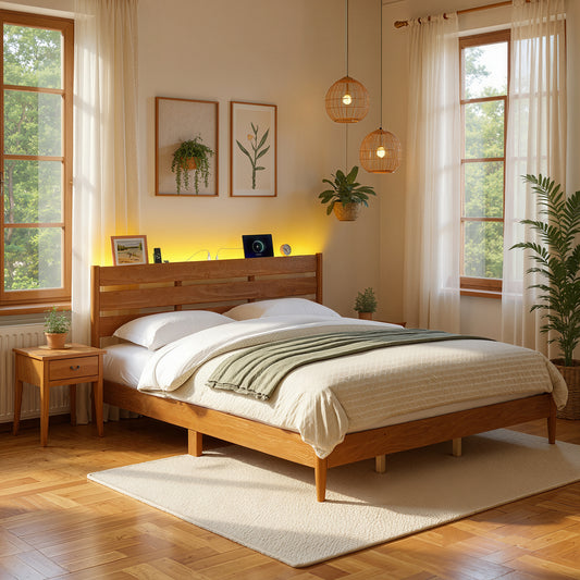King Size Mid-Century Modern Bed Frame with Headboard, Built-In LED Lighting, 4-Port Charging Station & Storage Shelf, Caramel Brown