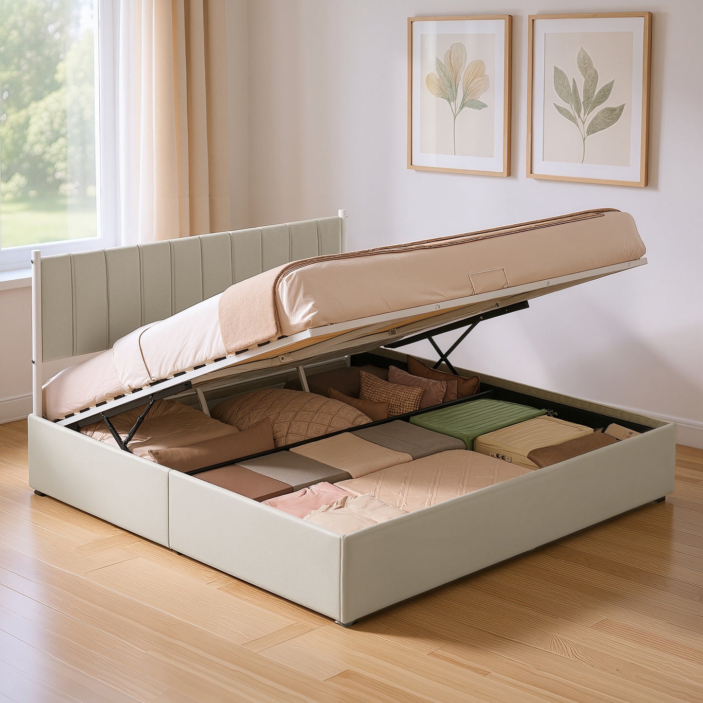 King Size Hydraulic Lift-Up Storage Bed Frame with Upholstered Headboard, 12.5-Inch Underbed Space & Easy Assembly, Cappuccino Beige