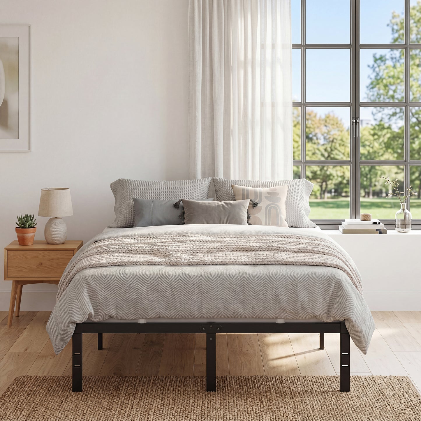 Heavy Duty Full Bed Frame, 14" Tall Platform Bed, 1100 lb Capacity, No Box Spring Needed, Under-Bed Storage, Easy Assembly, Mattress Retainers, Matte Black